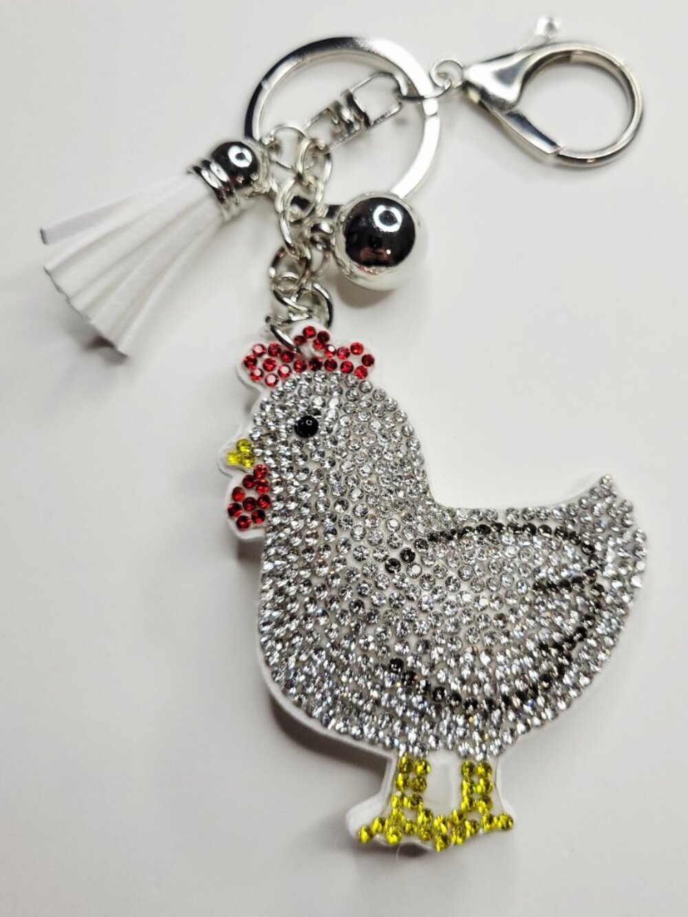 NWT Large Silver White Chicken Rooster Rhinestone Keychain Purse Charm W Tassel